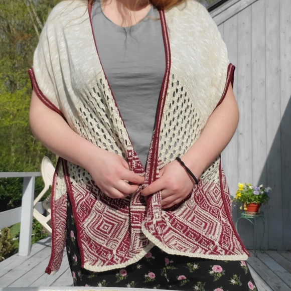 Boho Knit Kimono Wrap | Red & Cream for Layering - Picture 9 of 12